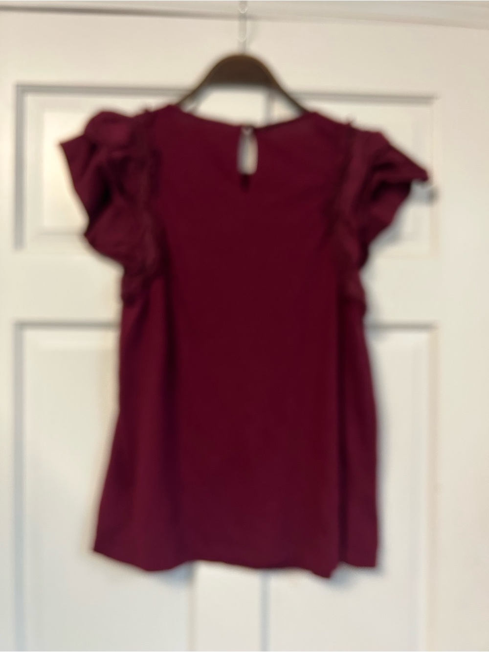 LOFT Burgundy Short Sleeve Ruffle & Lace Trim Top - Picture 2 of 4